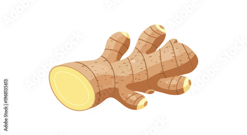 Vibrant stylized illustration of fresh ginger, revealing its textured brown skin and bright golden interior flesh, ideal for healthy food, cooking,