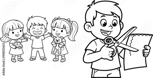 Boy holding scissors and paper smiling.