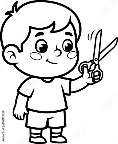 Boy holding scissors in hand.