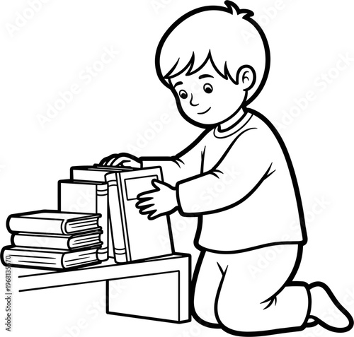 Boy holding stack of books smiling.