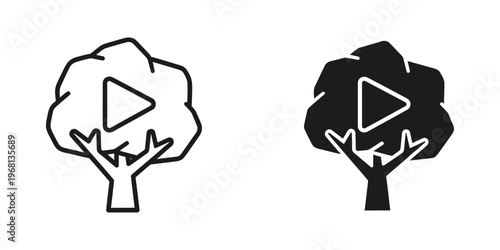 Play button integrated into stylized tree icons with contrasting fill styles