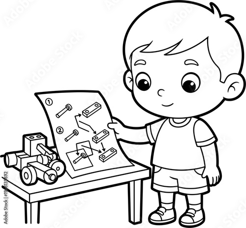 Boy holding toy construction blueprint.