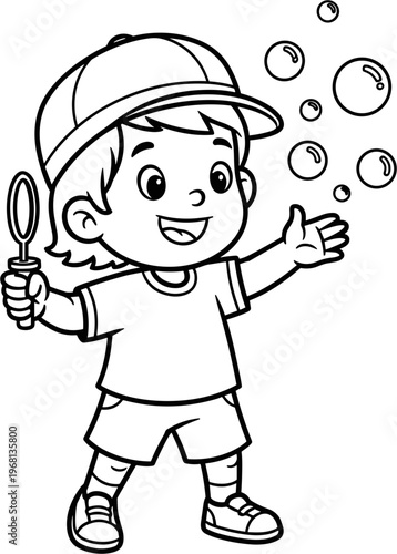 Boy Playing with Soap Bubbles Outdoors.