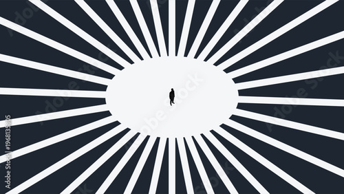 Abstract Radial Sunburst Background with Central Human Silhouette, Minimalist Black and White Concept of Isolation, Focus, and Perspective