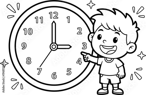 Boy pointing at a clock face 2.