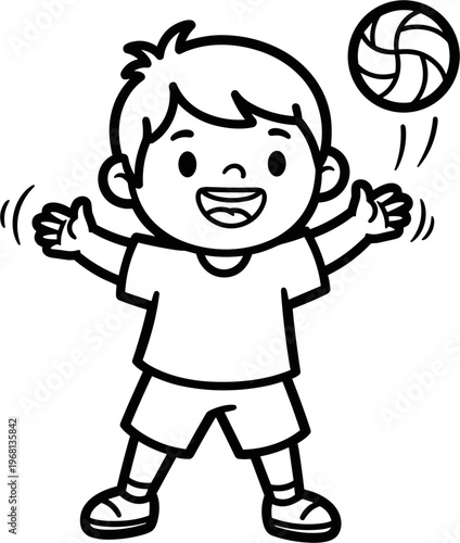 Boy Playing with Volleyball Outdoors.