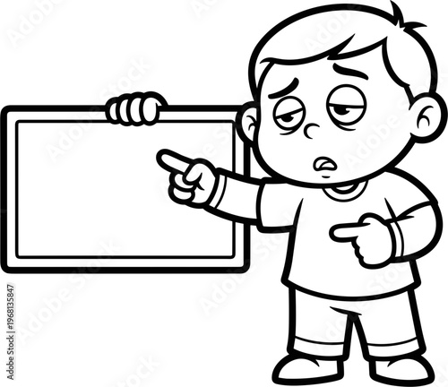 Boy pointing at blank sign board.