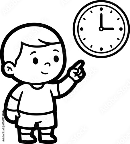 Boy pointing at a clock face.
