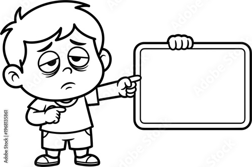Boy pointing at blank sign board 1.