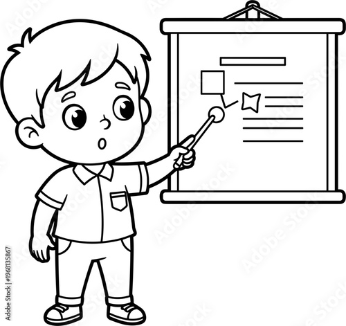 Boy pointing at presentation board.
