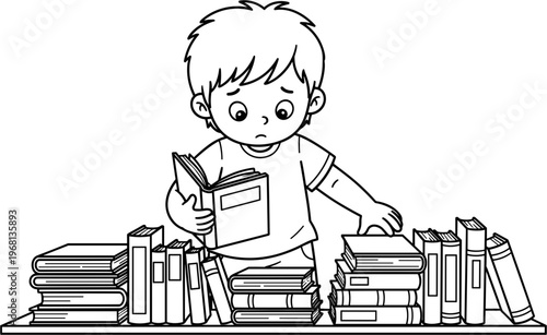 Boy reading book with stack.