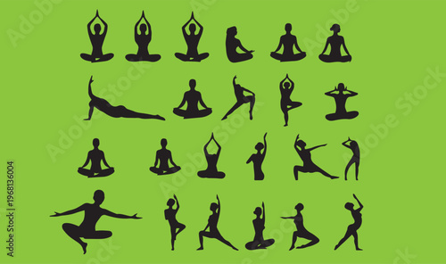 Yoga poses silhouette set, 23 female yoga figures in various asanas, black meditation and fitness icons on green background, wellness vector collection