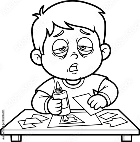 Boy using glue stick on paper.