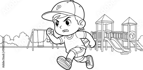 Boy Wearing a Baseball Cap Running.