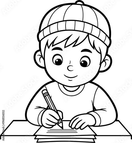 Boy wearing hat writing on paper.