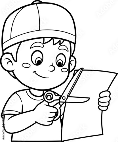 Boy wearing a cap holding scissors.
