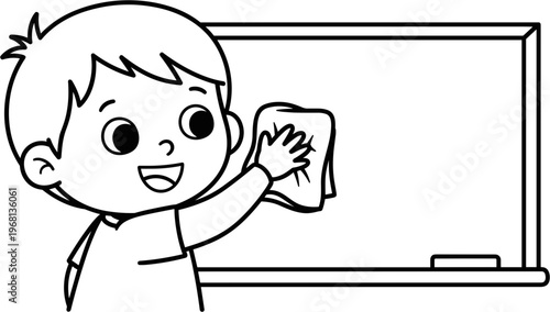 Boy Wiping Board With Cloth.