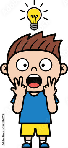 Boy with surprised face and lightbulb.