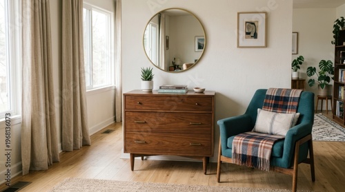 Mid-century walnut dresser with round mirror and teal armchair in a modern living space