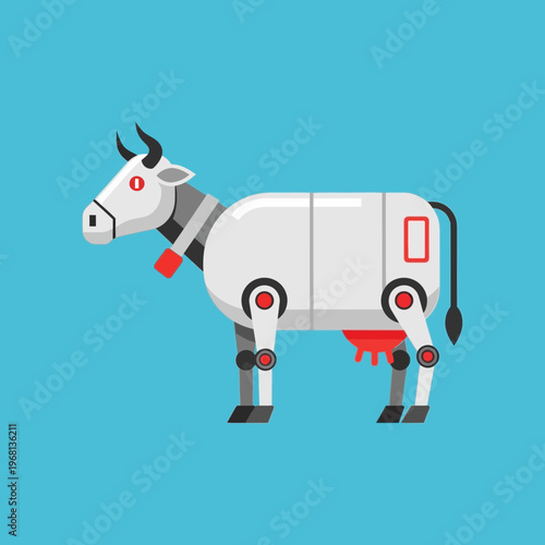 A futuristic robotic cow with mechanical parts and udders, standing against a solid blue background in a flat design style.