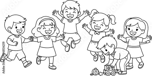 Children playing together in a line.