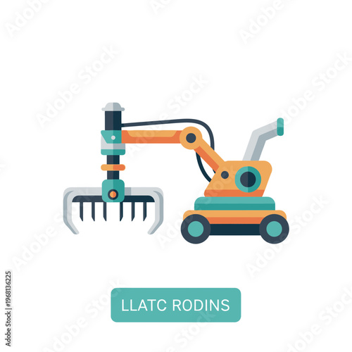 Flat design illustration of a robotic arm with a claw on a wheeled base, representing industrial machinery.
