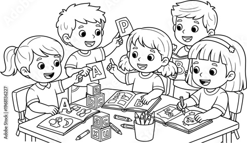 Children sitting at a table coloring.
