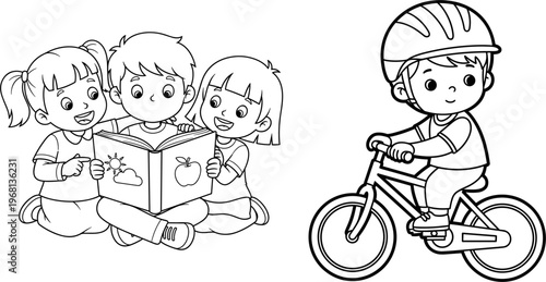Children Reading and Riding Bike.