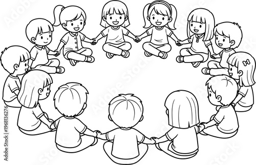 Children sitting in a circle holding hands.