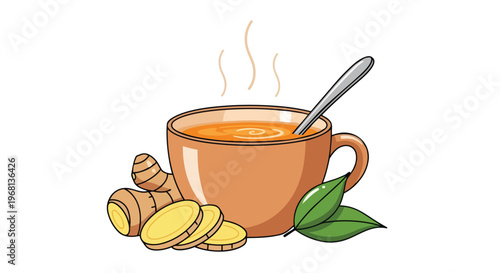 Steaming ginger tea with fresh slices and green leaves a soothing warm beverage concept