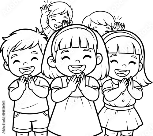 Group of smiling kids praying together.