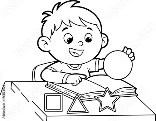 Happy child playing with shapes learning.