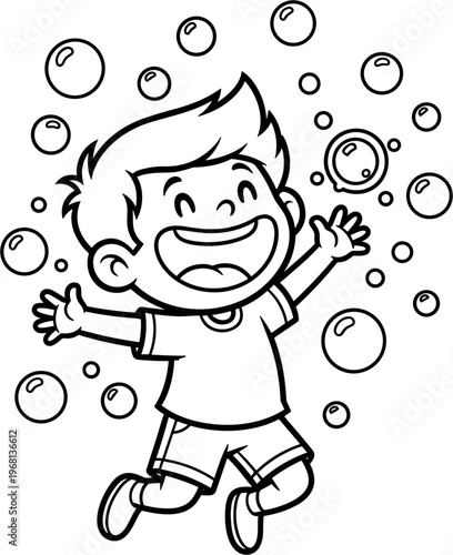 Happy child playing with soap bubbles.
