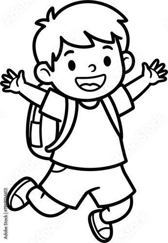 Happy child with backpack jumping.