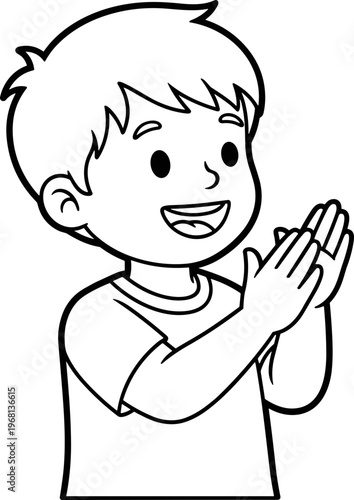 Happy child with hands together smiling.