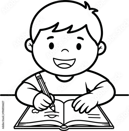 Happy child writing in book.