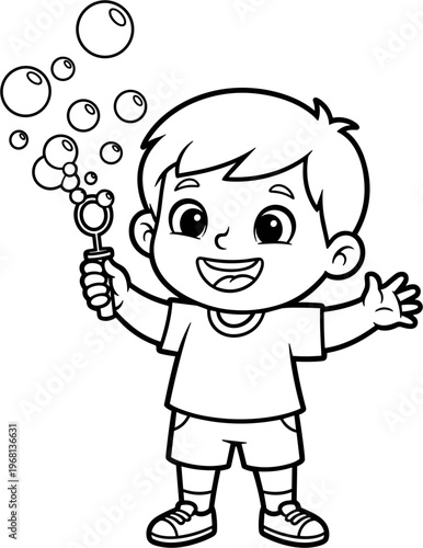 Happy little boy blowing bubbles outside.