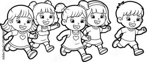 Happy children running in a line.
