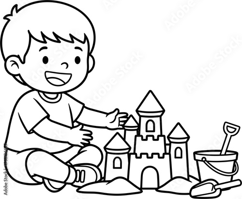 Happy little boy building sand castle.