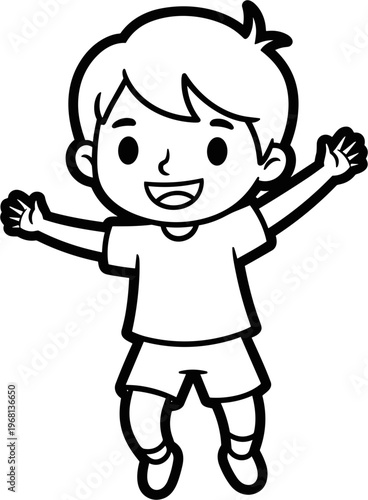 Happy little boy jumping up high.