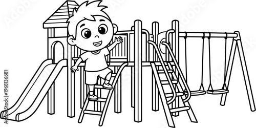 Happy little boy on playground equipment.
