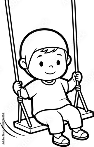 Happy little boy on swing outdoors.