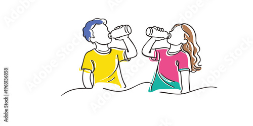 Line art drawing of a child drinking milk with a calm and happy expression. One continuous line drawing for healthy lifestyle concept, nutrition theme, and childhood growth.