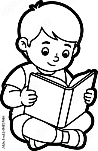 Little Boy Reading a Book Sitting 1.