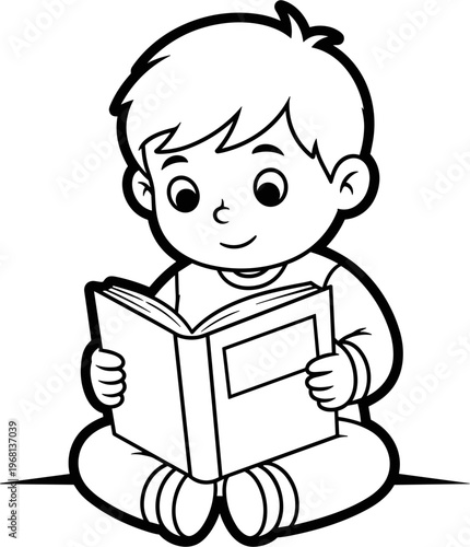 Little Boy Reading a Book Sitting.