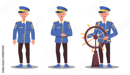 Vector illustration of a ship captain. Cartoon scene of a gray-haired, mustached sea captain dressed in a uniform, standing in different poses, holding the ship's wheel isolated on a white background.