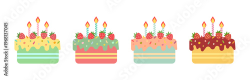 Vector set of isolated vintage style cute birthday cakes on transparent background - Hand drawn Illustration of birthday cakes with candles, strawberries, cream, frosting, chocolate, and sprinkles.