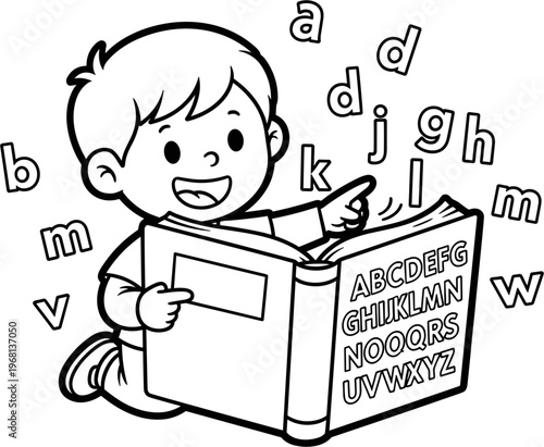 Little Boy Reading Alphabet Book.