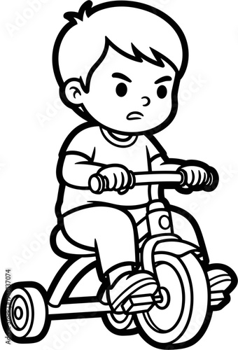 Little boy riding tricycle with frown.