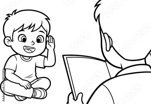 Little boy talking to man.